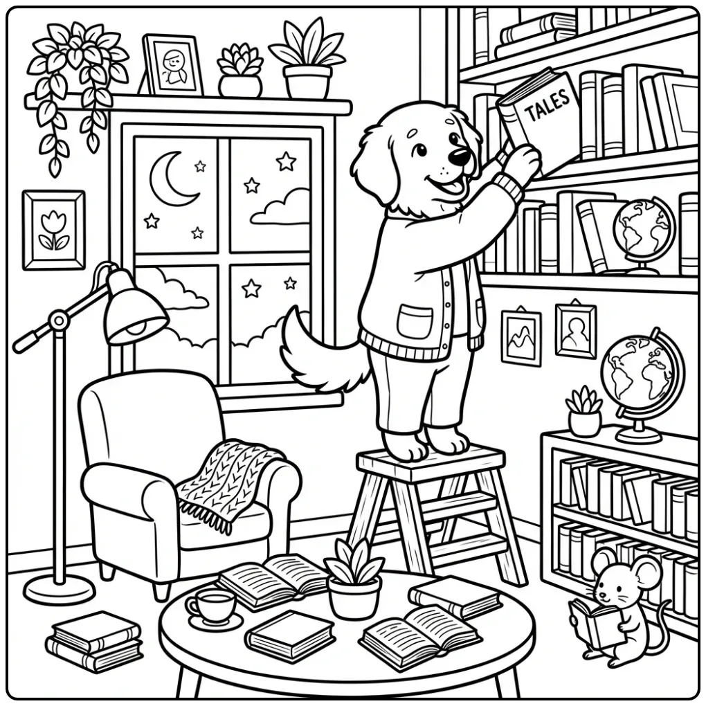 Cute librarian golden retriever Dog coloring page in library