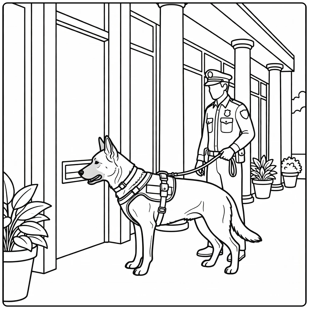 Police dog coloring page: K9 at library, sniffing book slot entrance.