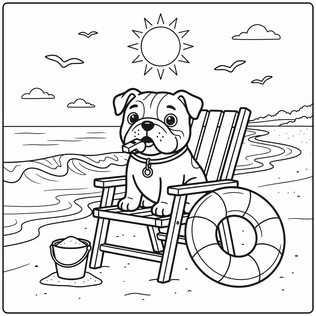 A Bulldog lifeguard on a beach chair, a cute dog coloring page.