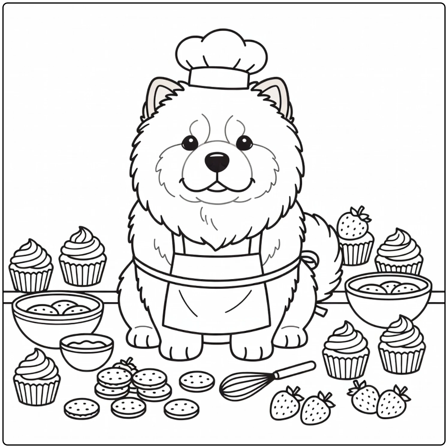 Cute chef Chow Chow coloring page with kitchen baking items.