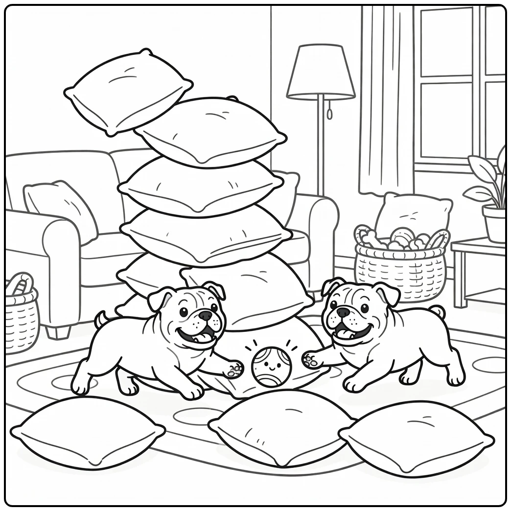A funny english bulldog coloring page of two dogs playing indoors.