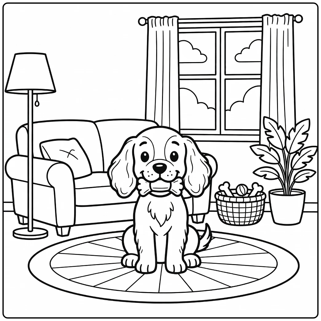 A cute pup with a toy on a cozy cocker spaniel coloring page.