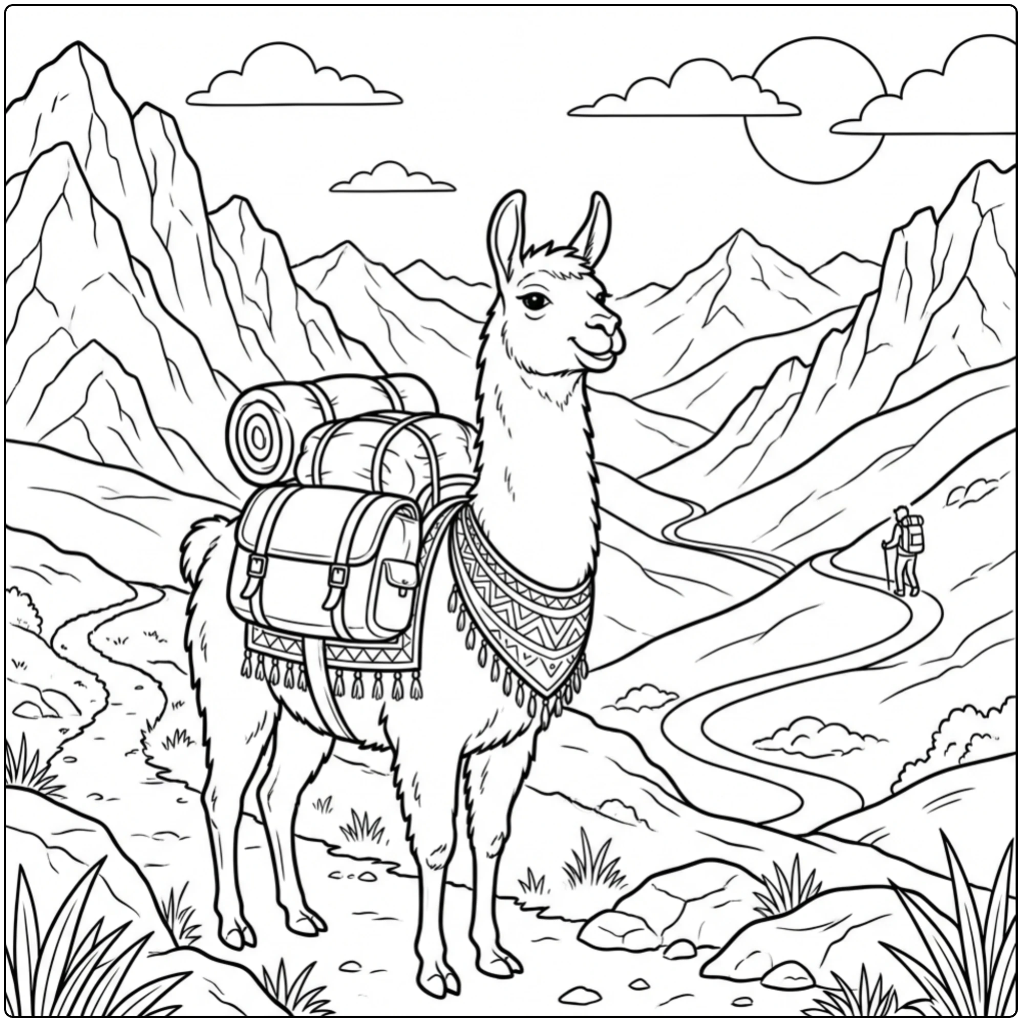 Pack llama hiking Animal coloring page sketch