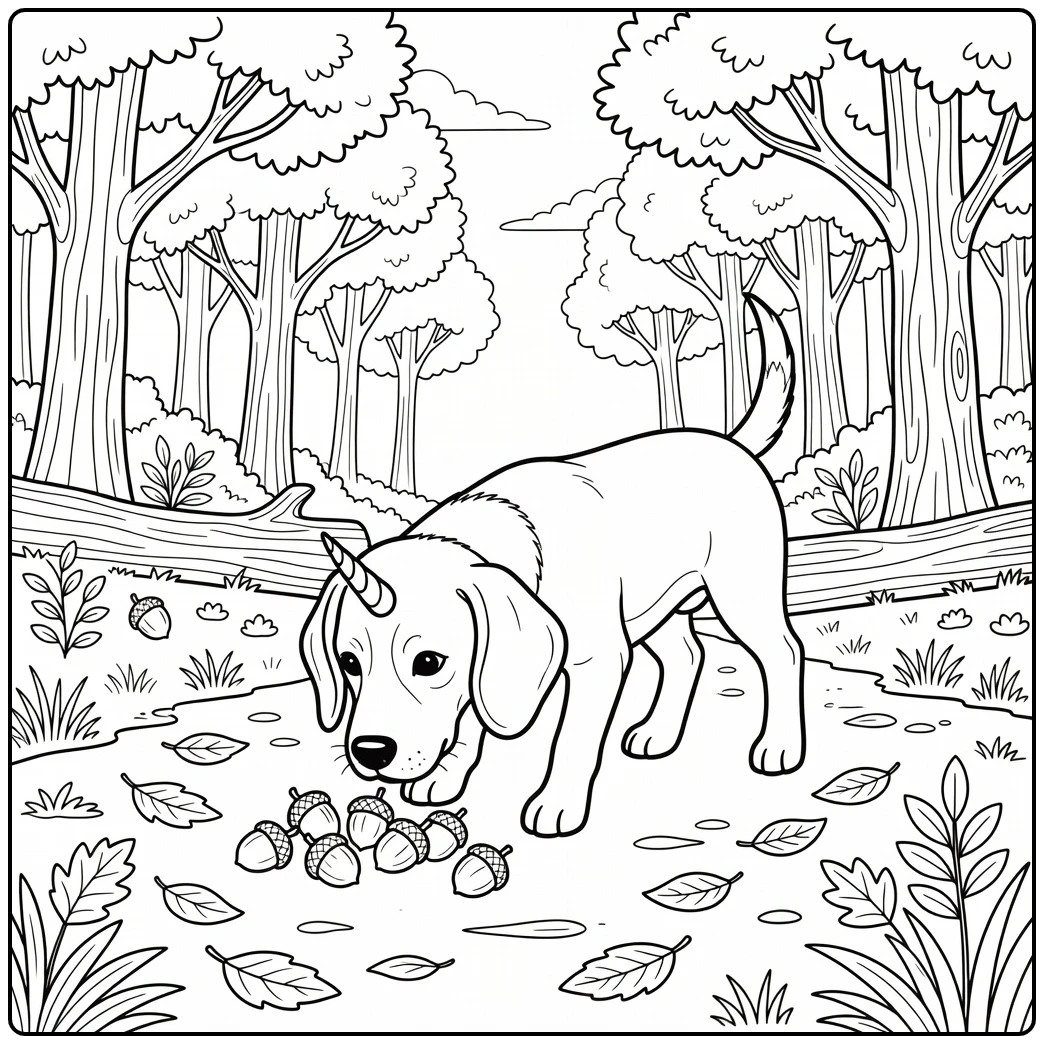 A curious Beagle unicorn dog coloring page in an autumn forest.