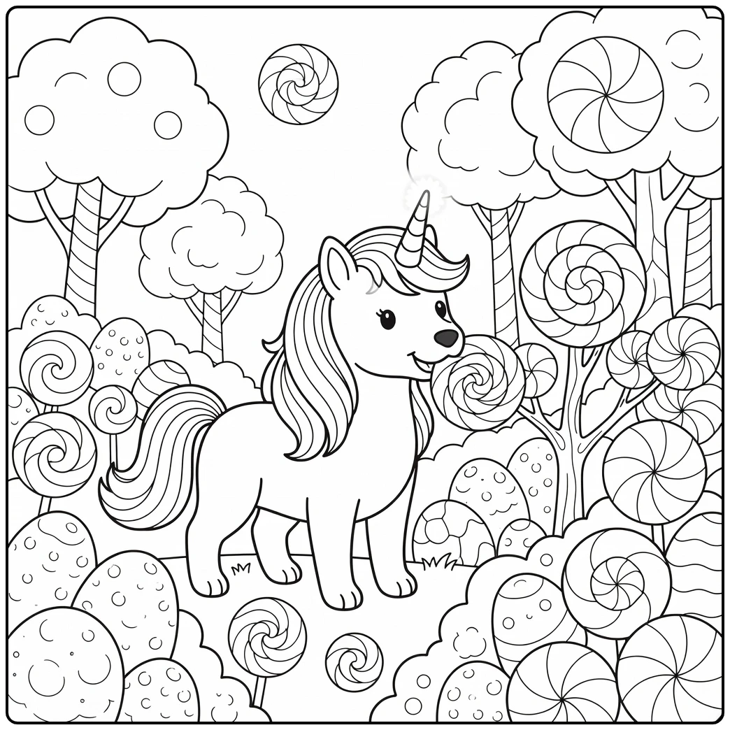 A whimsical cute unicorn dog coloring page in a candy forest.