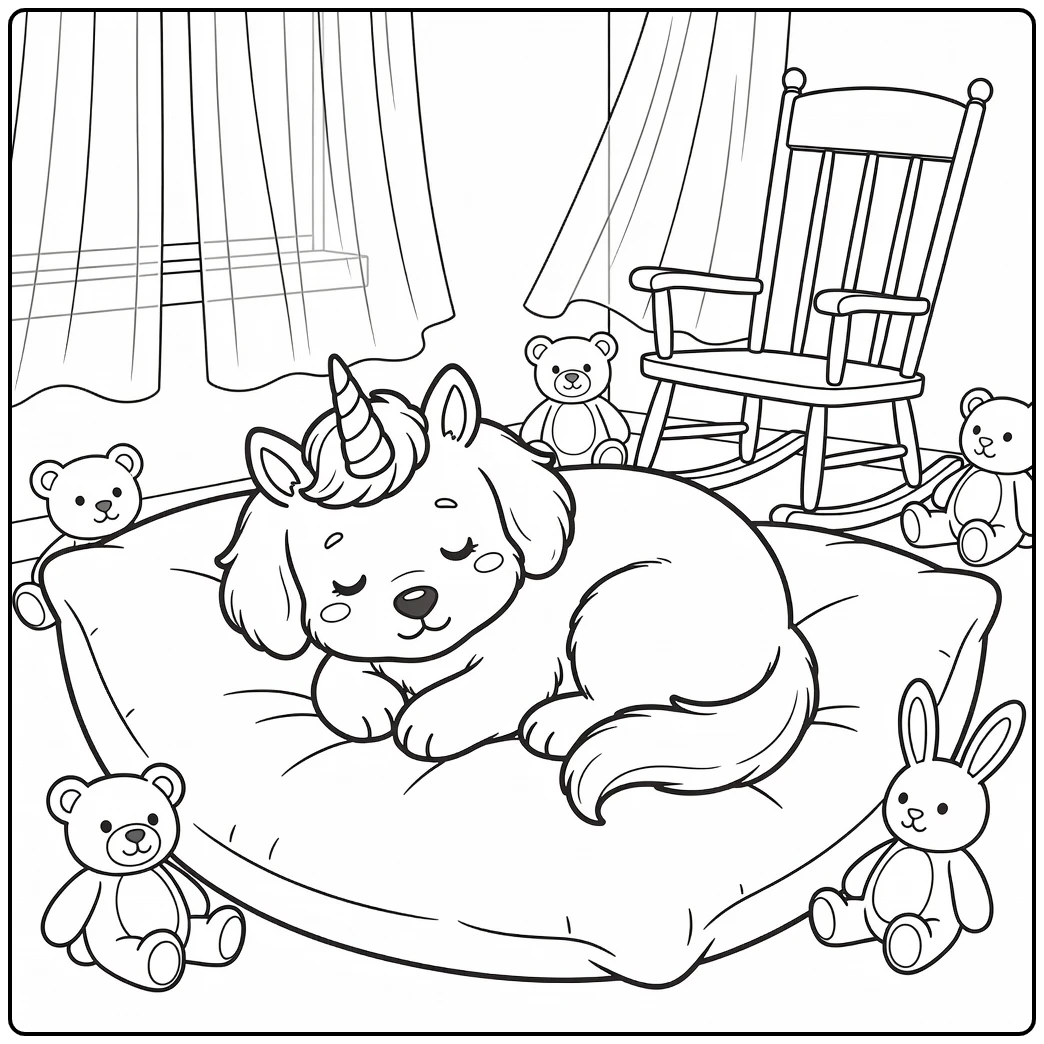 A sleeping, cute unicorn dog coloring page on a soft pillow.