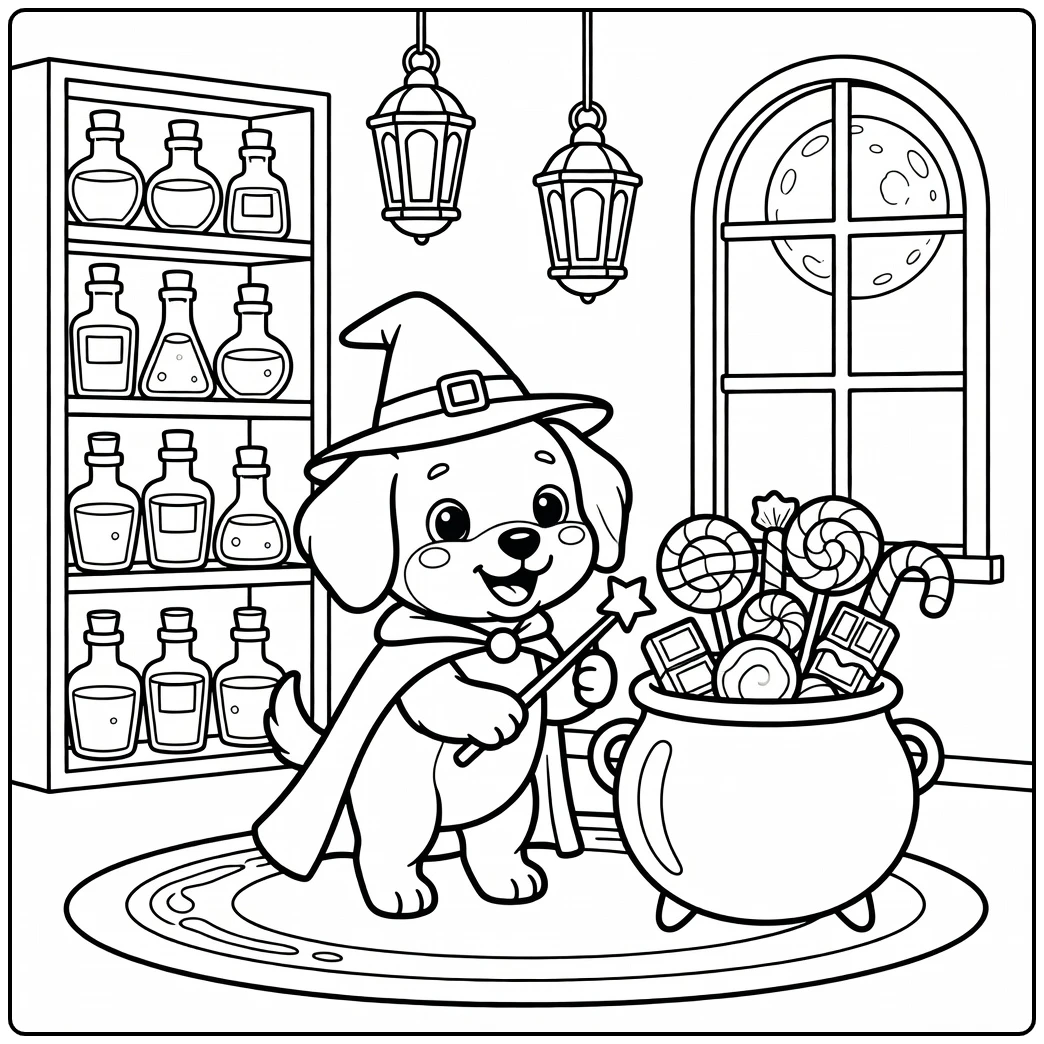 Wizard puppy, magic cauldron, cute halloween dog coloring page.