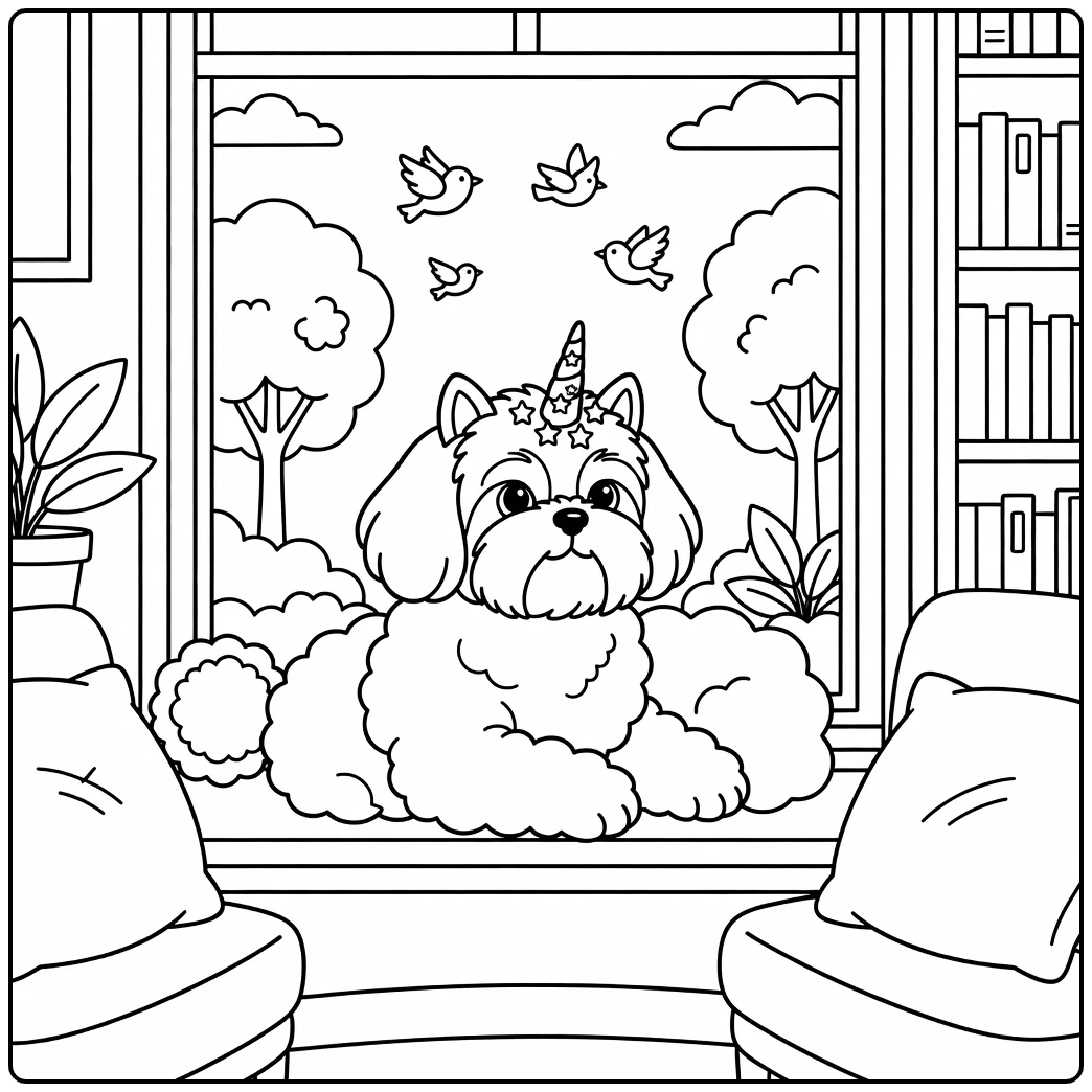 A fluffy Shih Tzu unicorn dog coloring page on a windowsill.