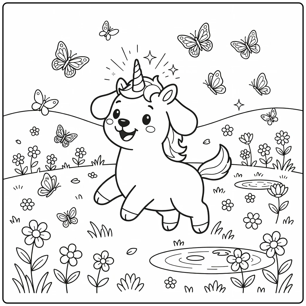 A cute unicorn dog coloring page with butterflies and a pond.