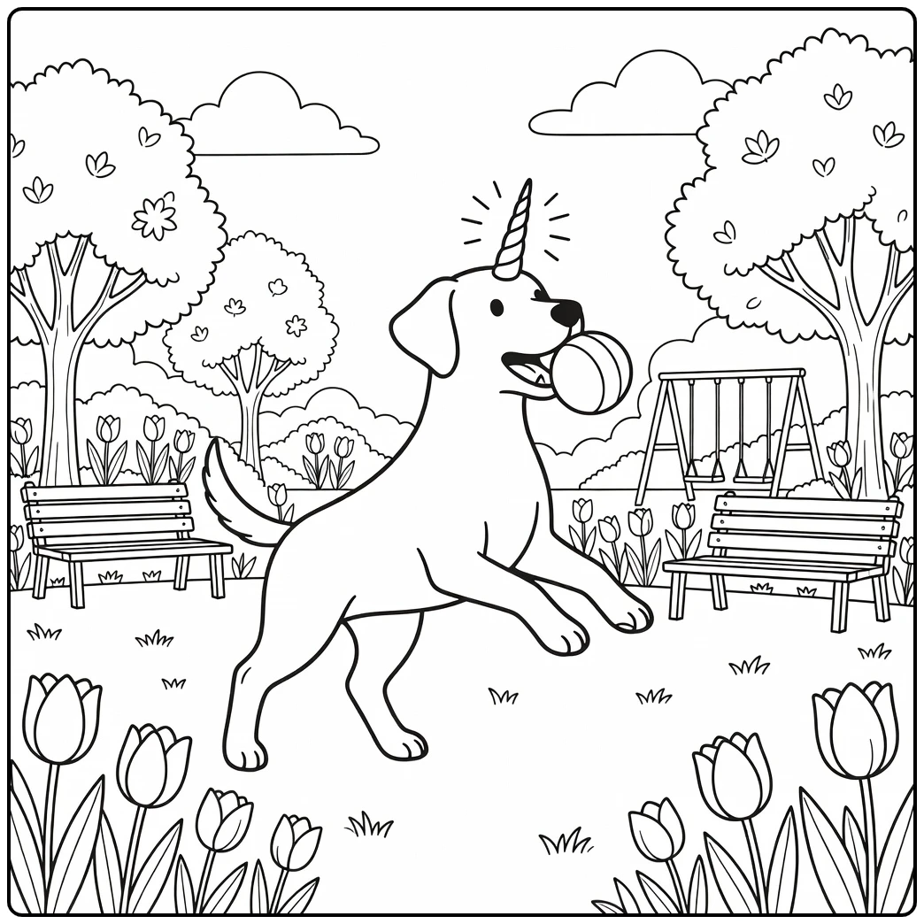 A friendly Labrador unicorn dog coloring page playing fetch.