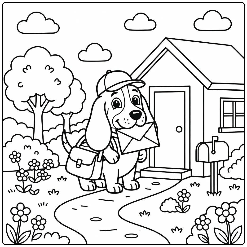 A Basset Hound mail carrier on a cute dog coloring page.
