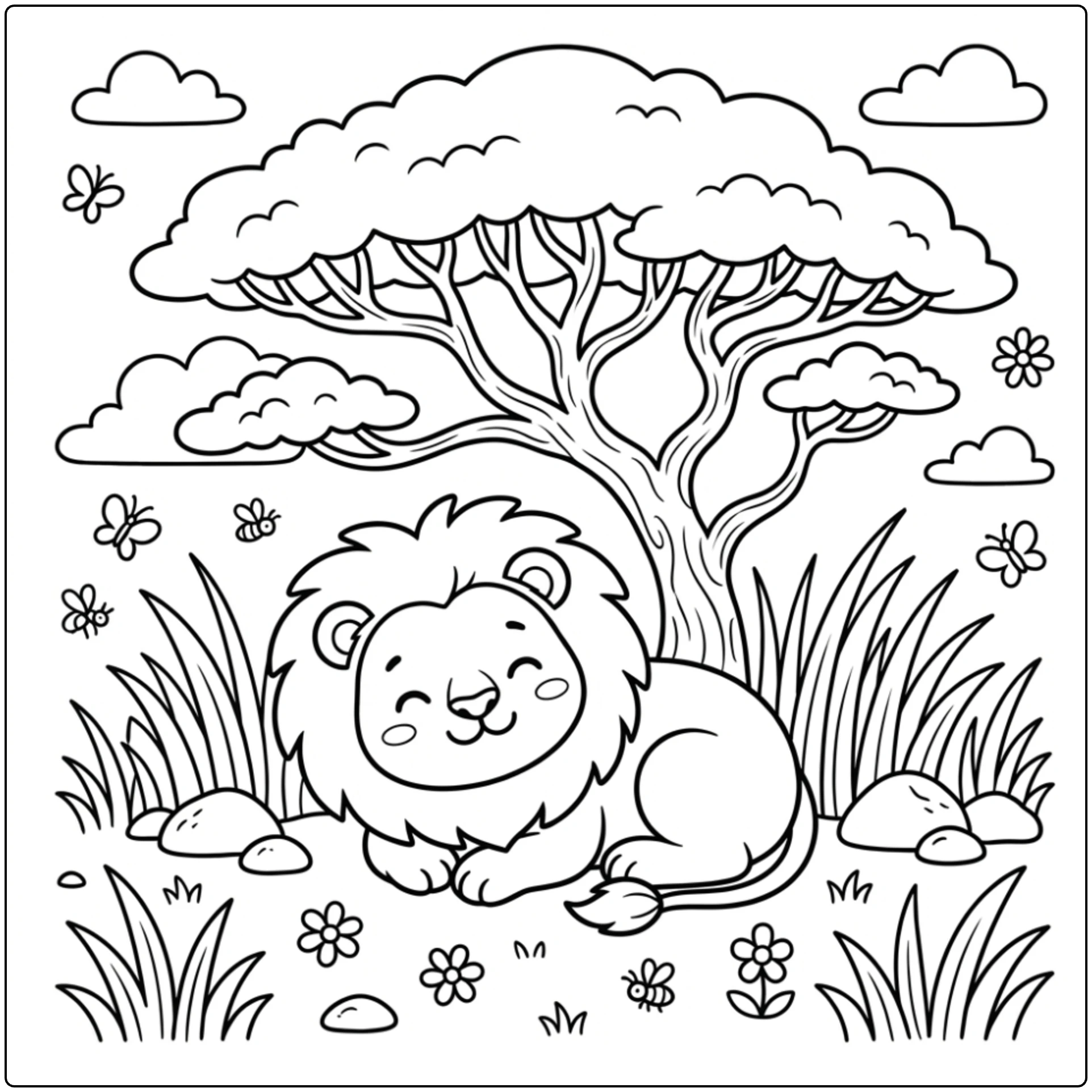 Lion resting under savanna tree, Wild Animals coloring page.