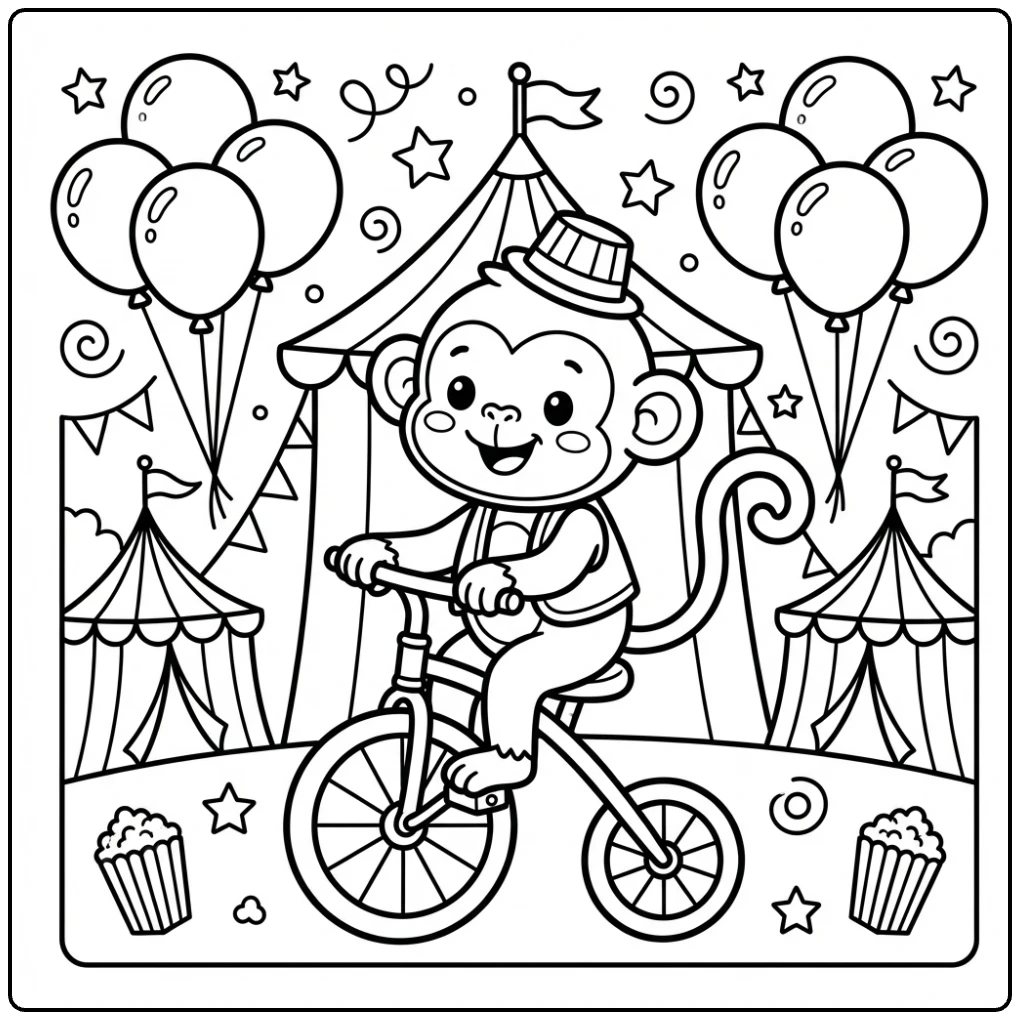 Cheerful monkey riding a tiny bicycle, a fun Circus Animal coloring page.
