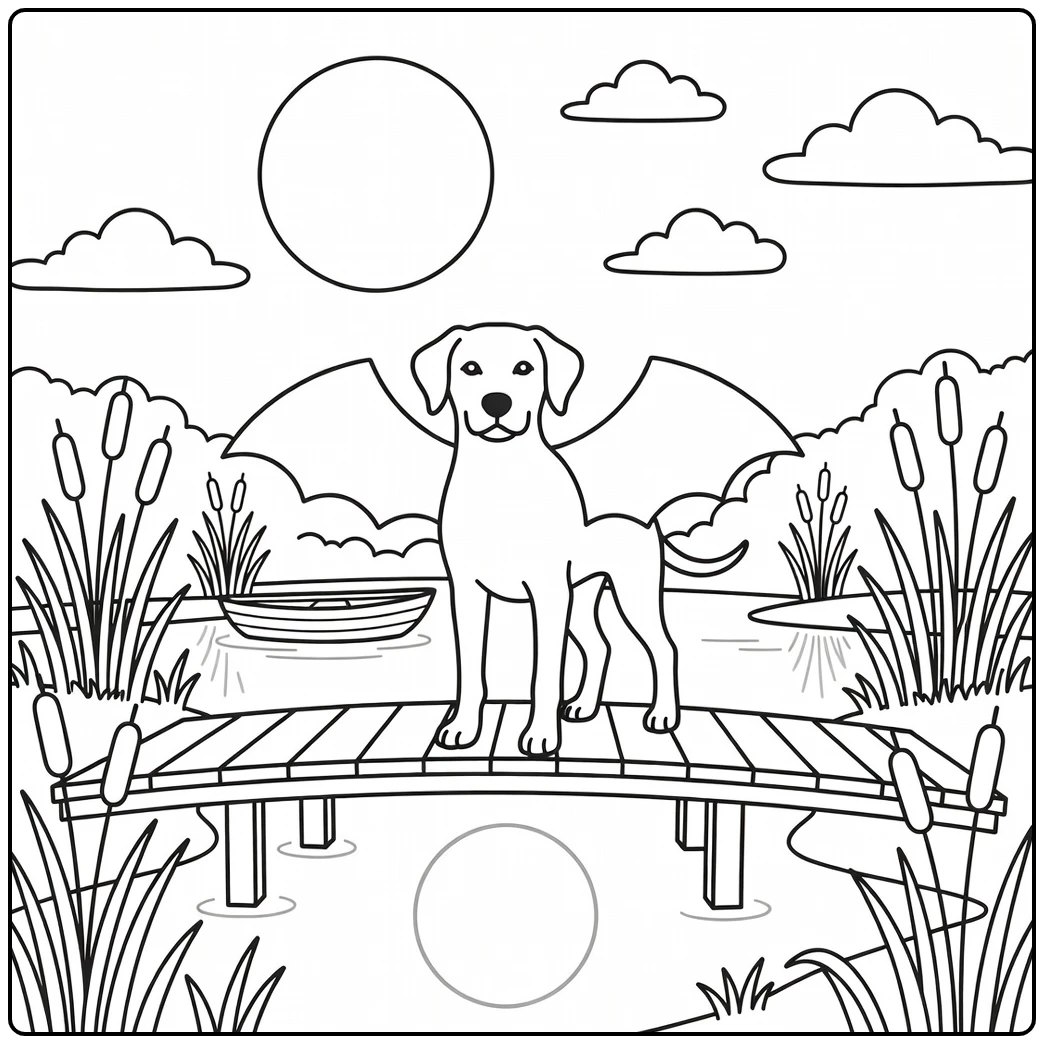 Cute dog in bat costume on a bridge for halloween dog coloring page.