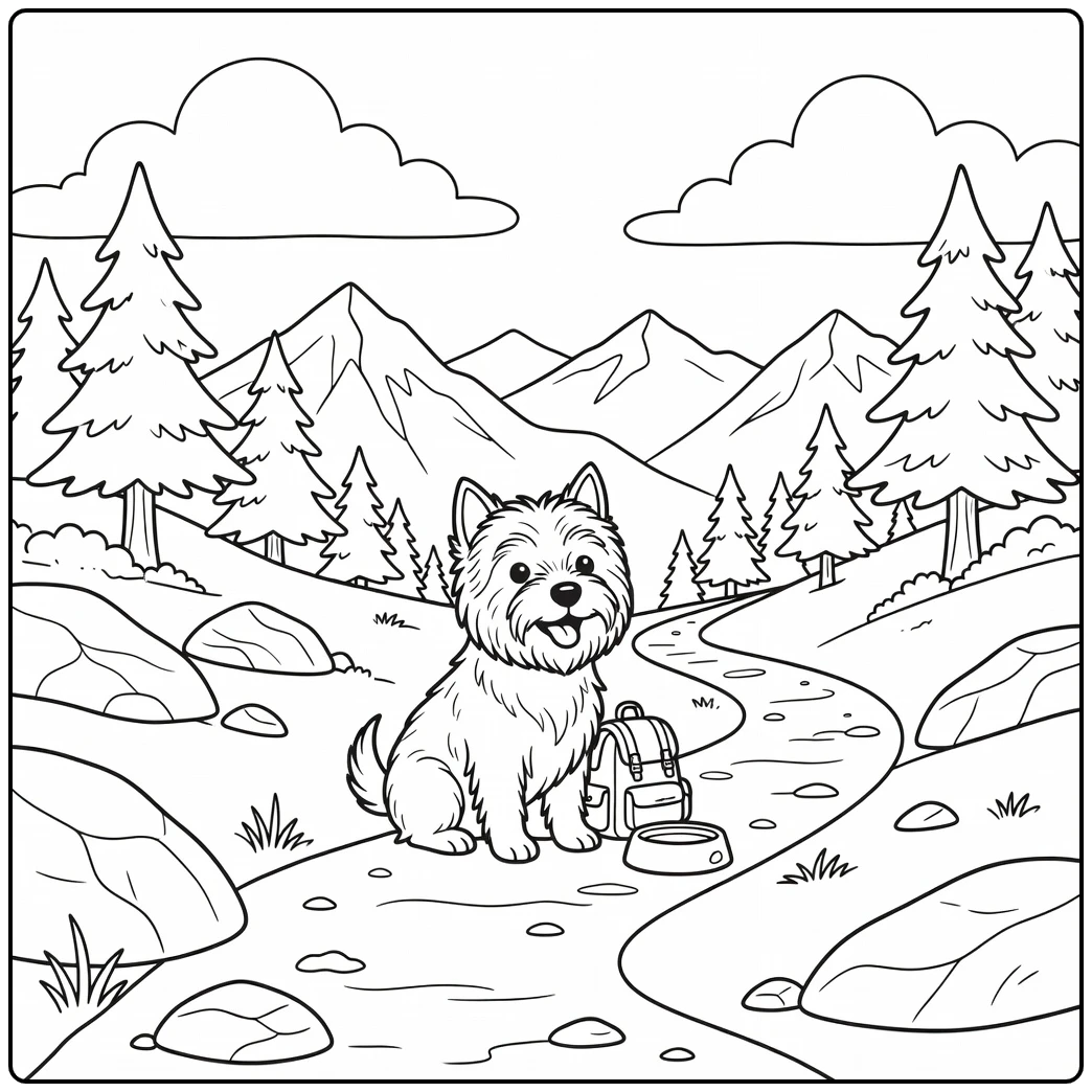 A happy dog on a mountain trail cairn terrier coloring page.