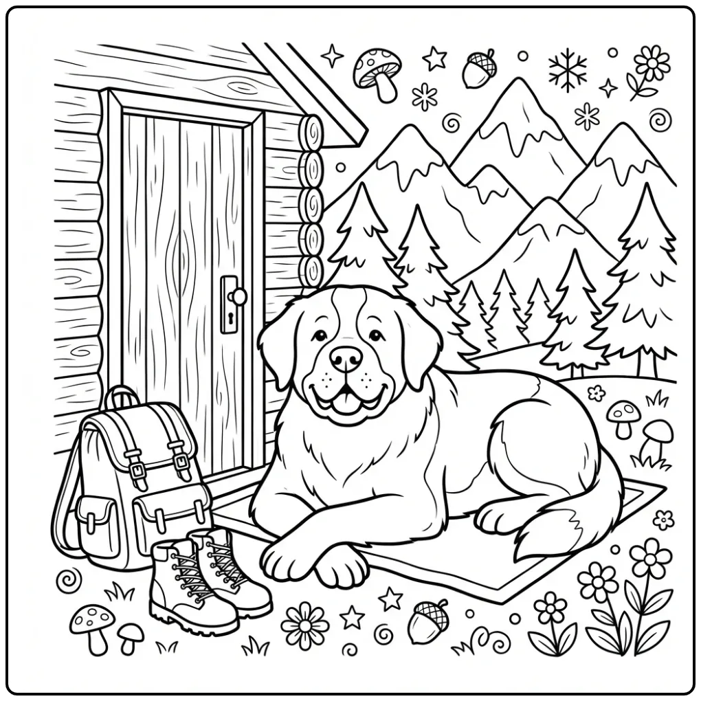 Dog coloring page of a Saint Bernard by a cabin