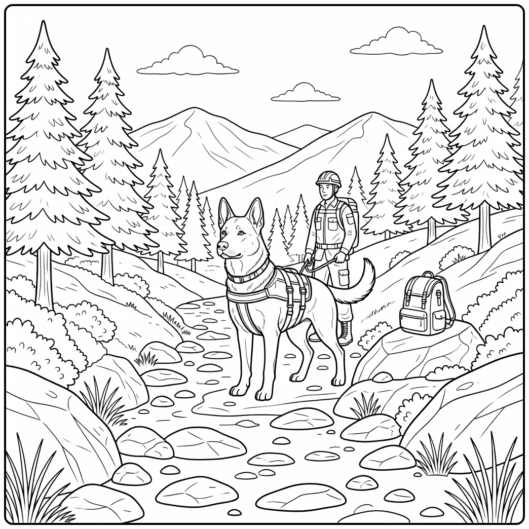 Brave rescue dog coloring page with worker on a mountain search.