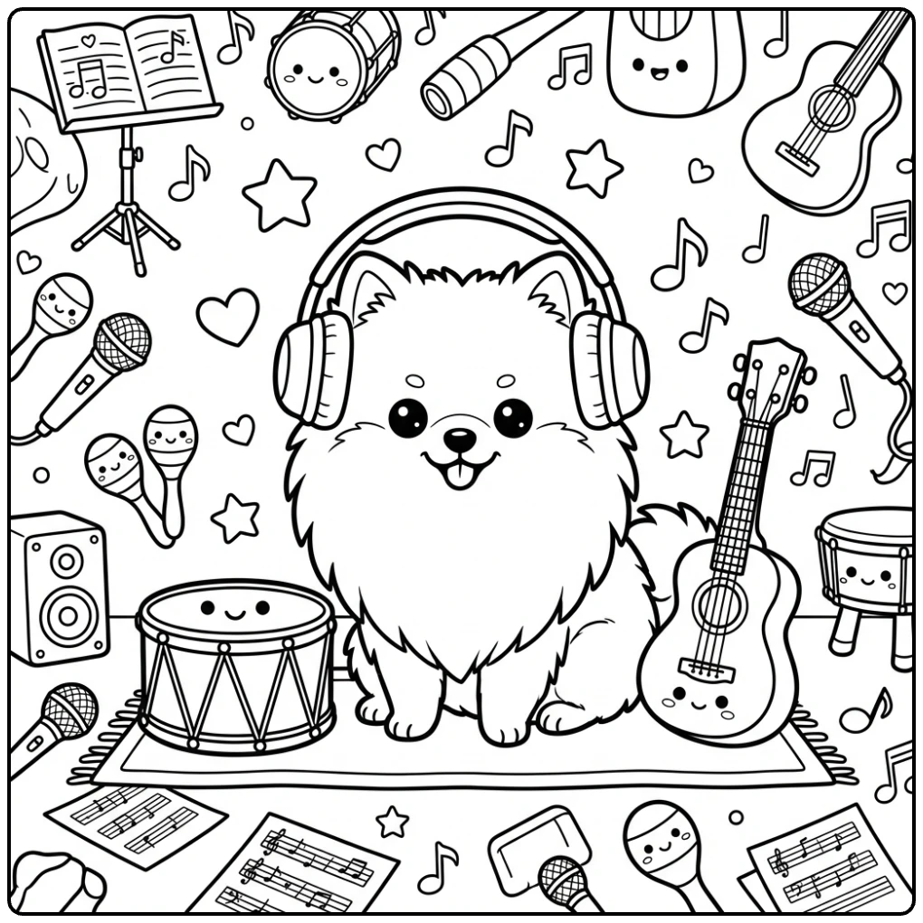 Cute Pomeranian coloring page with headphones and drums.