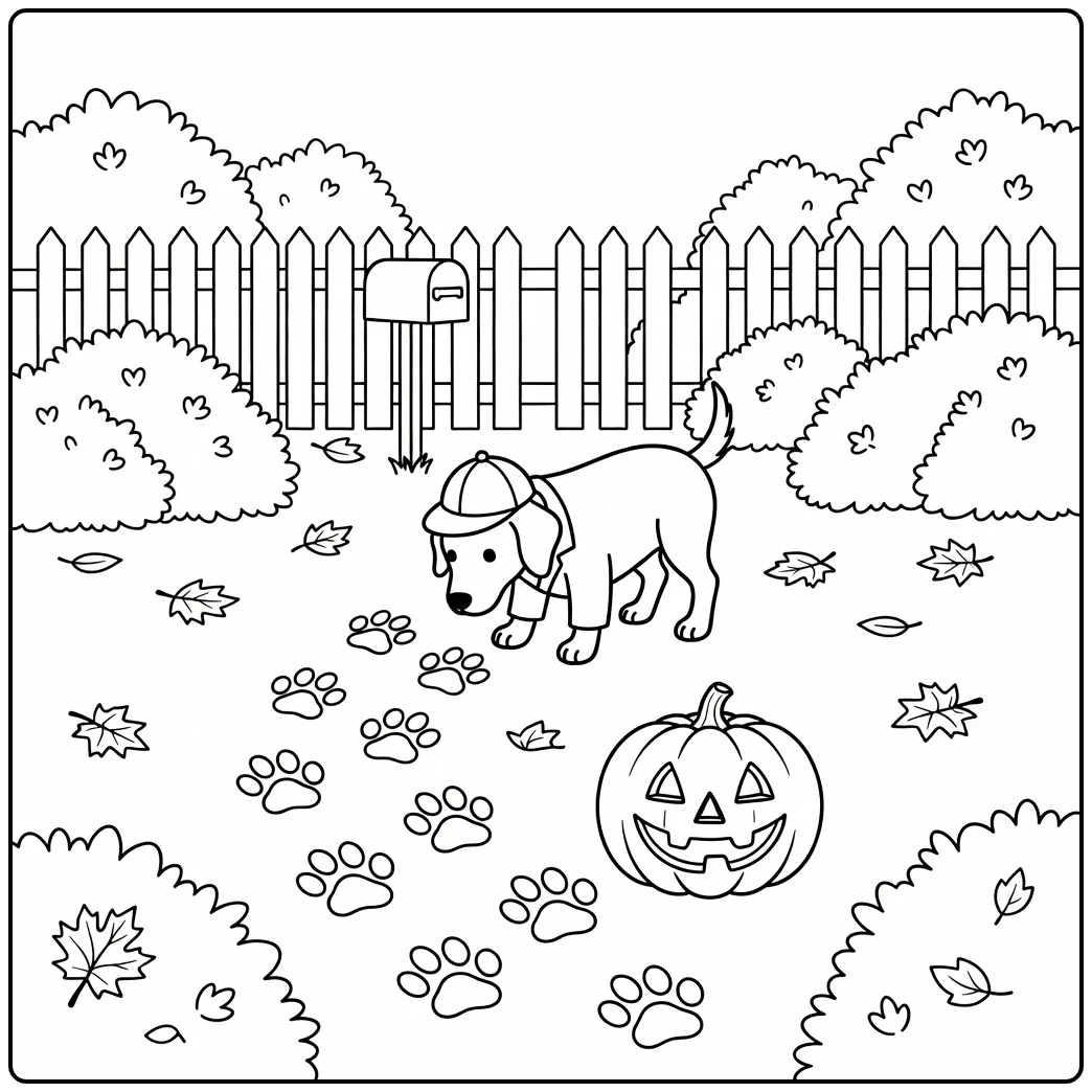 Detective dog sniffs clues on a halloween dog coloring page.
