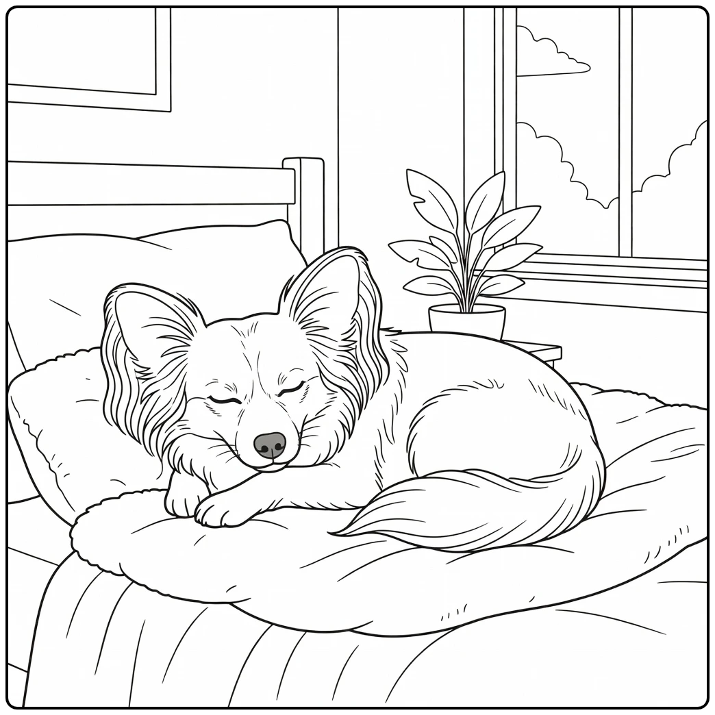 A peaceful, sleeping dog on a soft papillon coloring page.