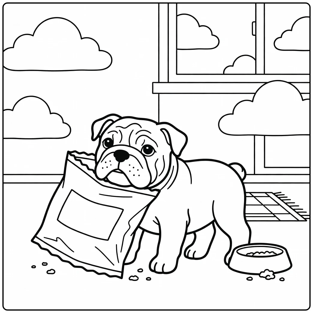 A cute english bulldog coloring page with a snack bag on its head.