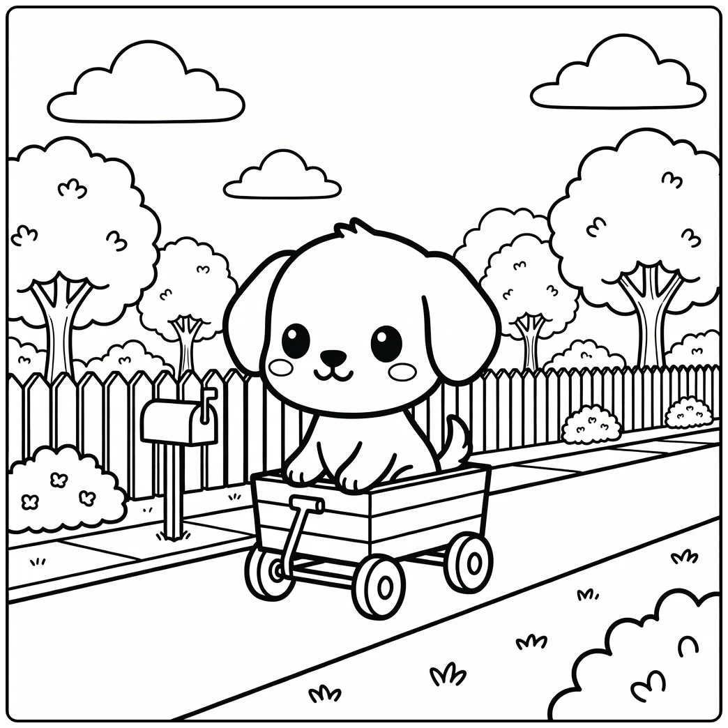 A cute chibi dog coloring page of a pup riding in a wagon.
