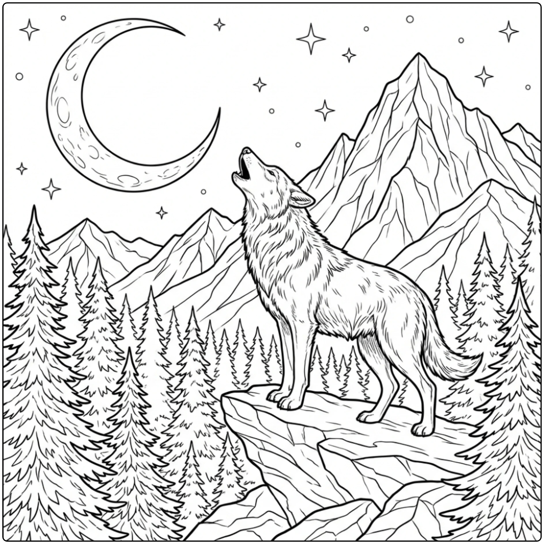 Wolf howling at moon Animal coloring page with mountains