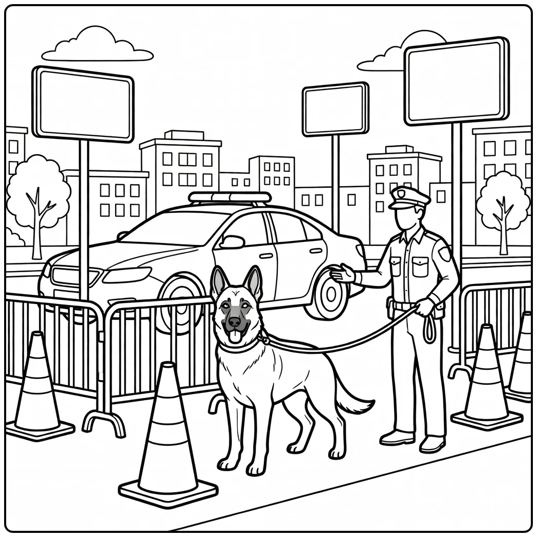 Alert K9 directs traffic at night - realistic police dog coloring page