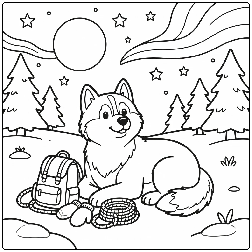A resting husky sled dog coloring page with a moon and stars.