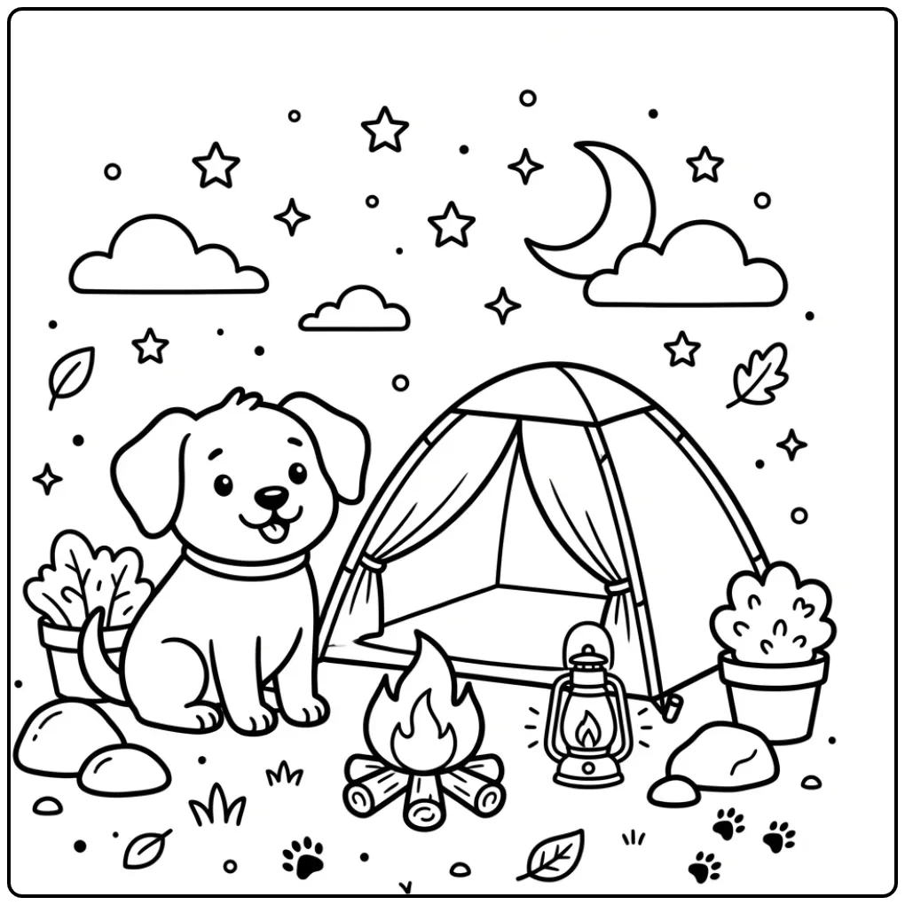 Cute camping Dog coloring page with tent and campfire.