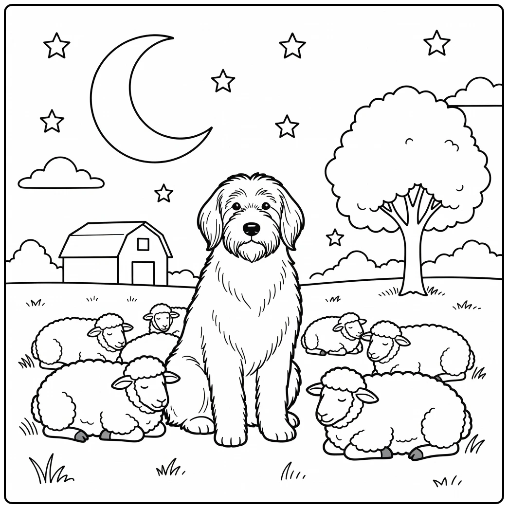 Calm sheepdog coloring page watching sleeping sheep under a crescent moon.