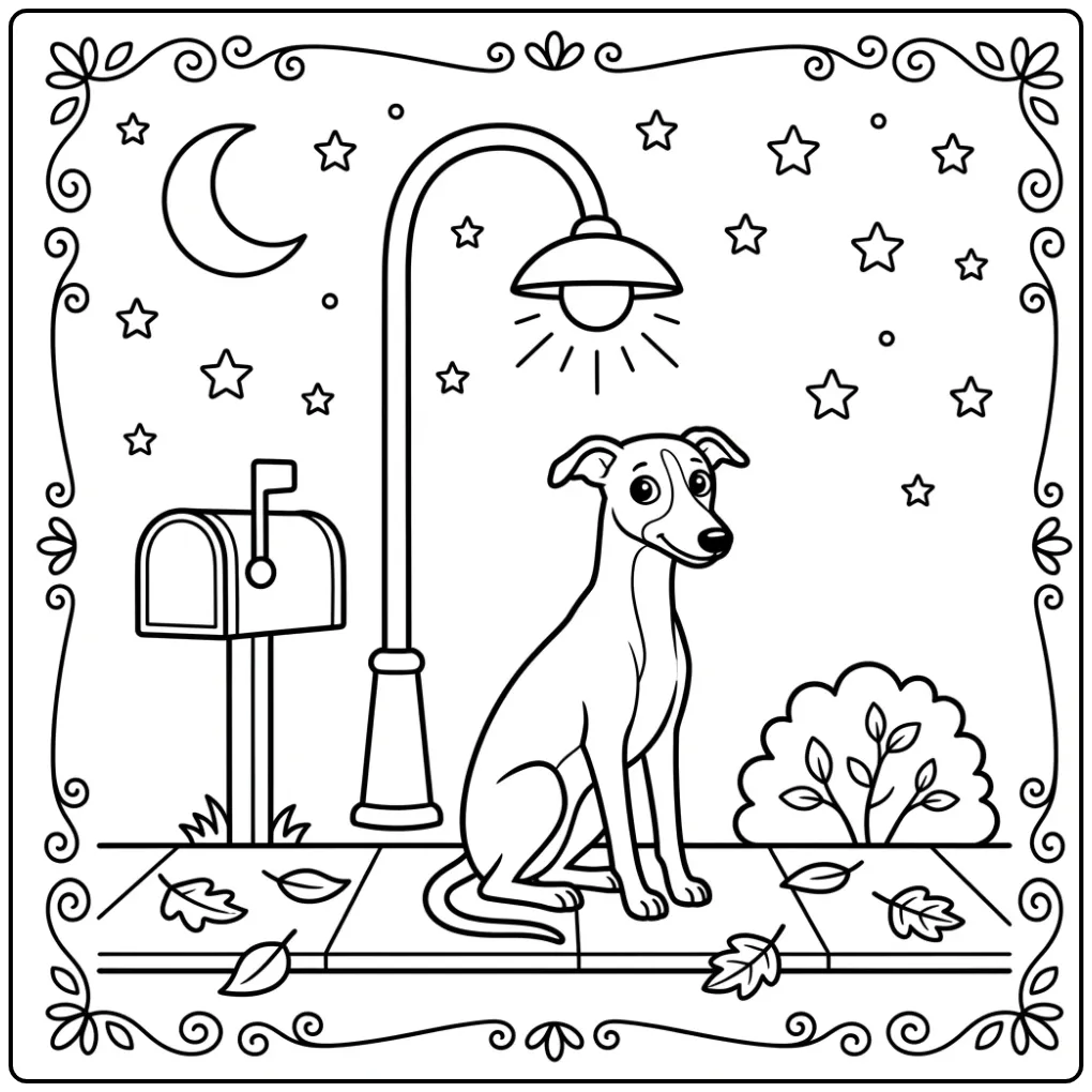 Cute whippet sitting by streetlamp Dog coloring page.