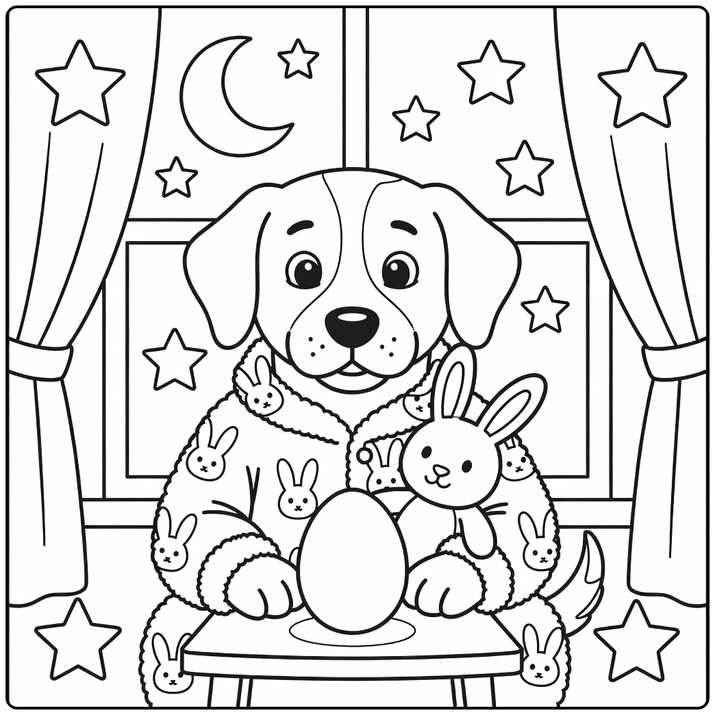 A cozy easter dog coloring page with a pup in bunny pajamas.