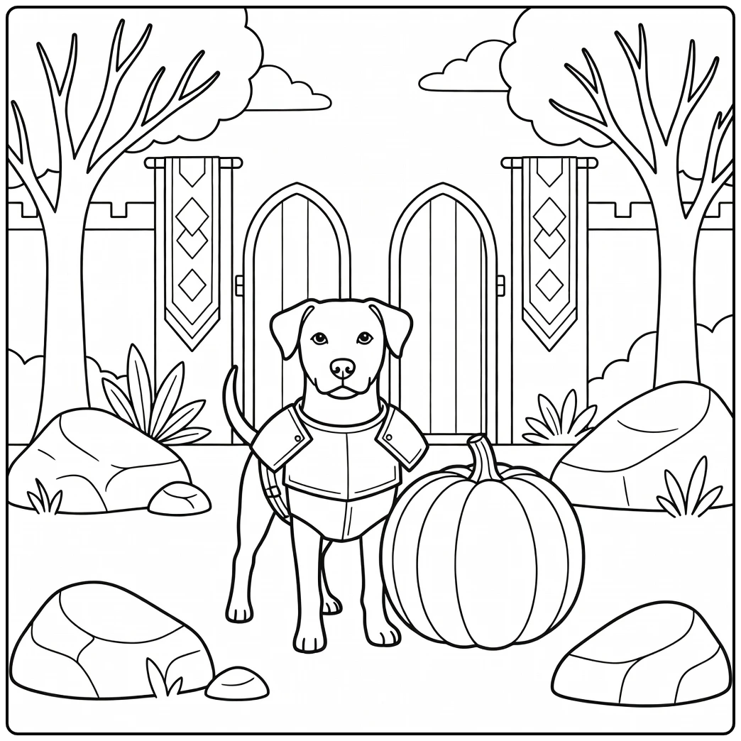 Brave knight dog ready for adventure on this halloween dog coloring page.