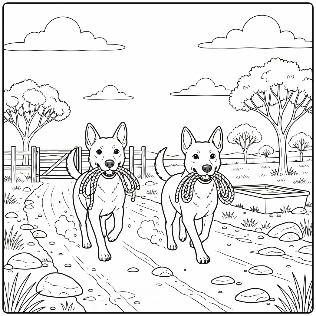 Two Kelpies on an outback track, a free kelpie coloring page.