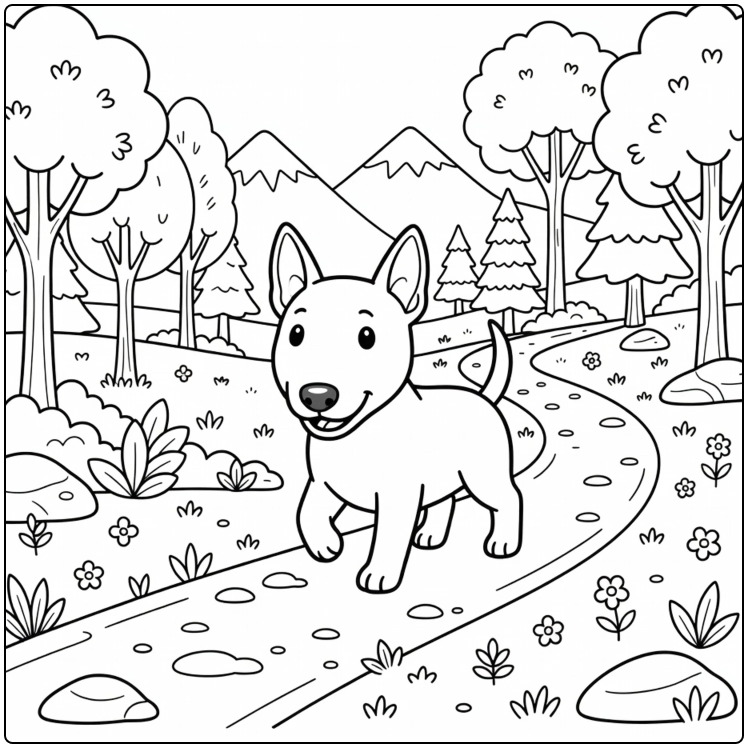 Cute hiking Bull Terrier coloring page with mountains.