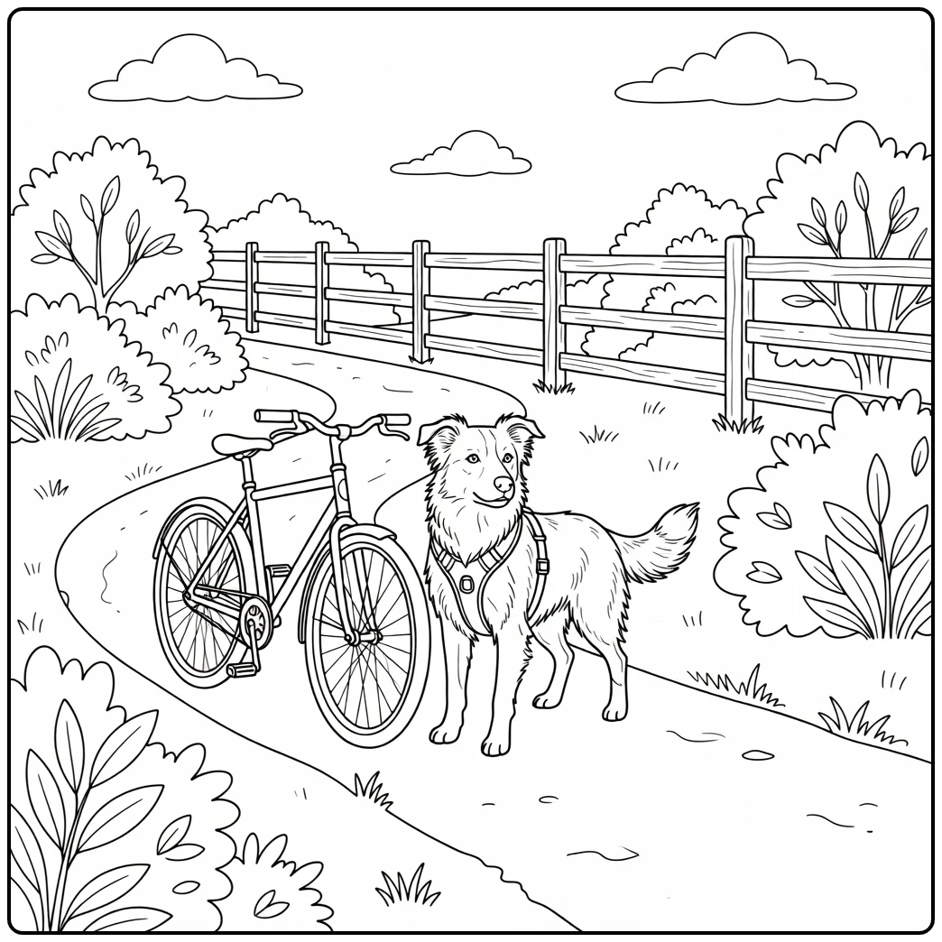 Border collie coloring page: Dog by bike on a quiet trail with fence.
