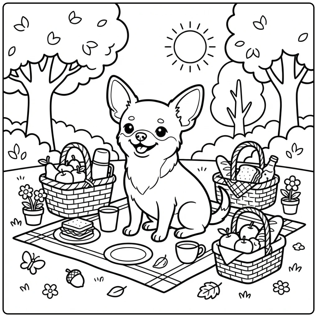 Cute picnic Chihuahua coloring page with baskets and trees