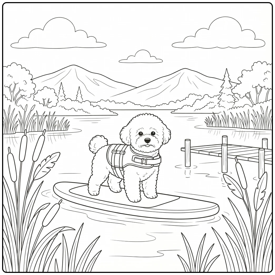 A charming bichon frise coloring page, paddleboarding on a lake.