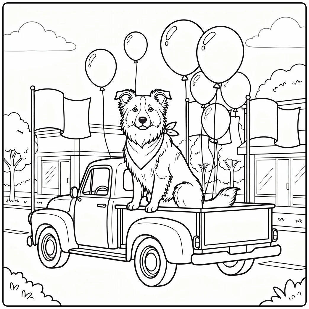 Happy border collie coloring page riding in a parade pickup truck.