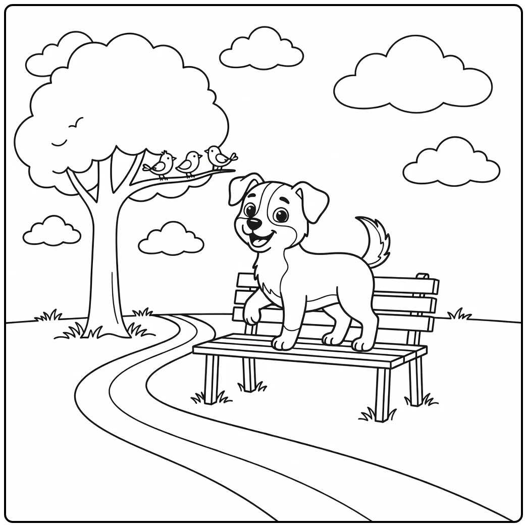 Cheerful small dog coloring page on a park bench watching birds.
