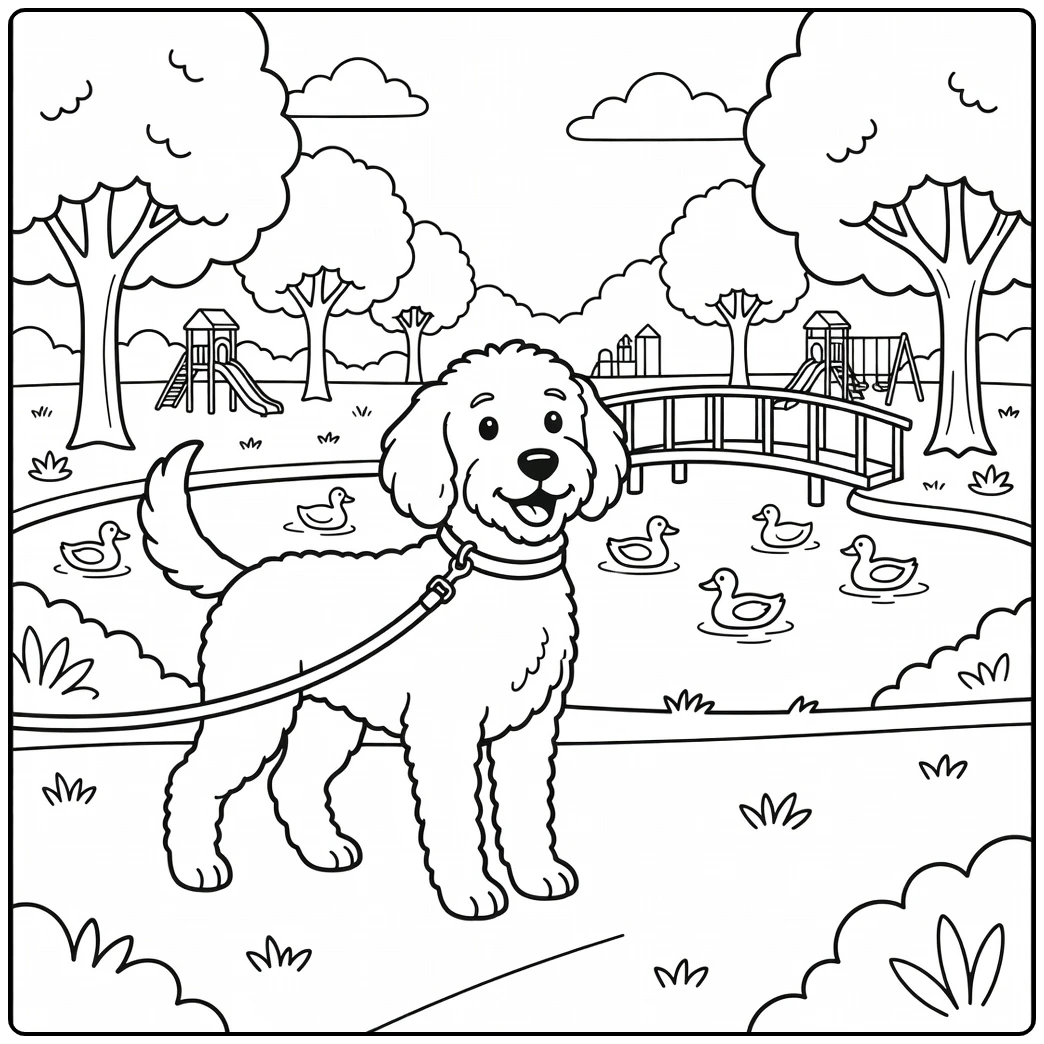 Happy sheepadoodle coloring page on a park walk by a pond.