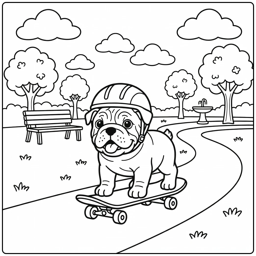 Skateboarding puppy on a fun english bulldog coloring page.