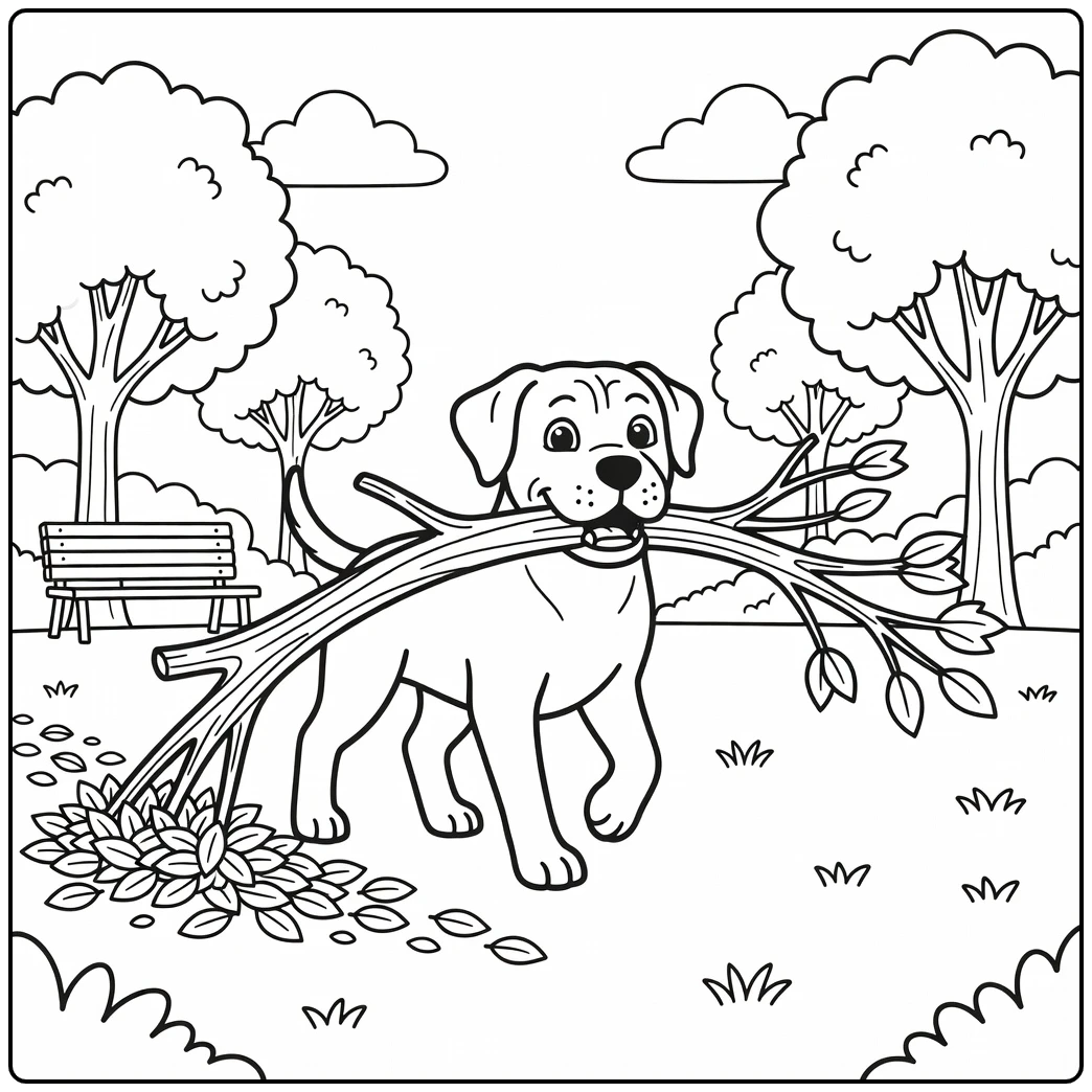 A proud dog with a huge branch, an excellent mastiff coloring page.