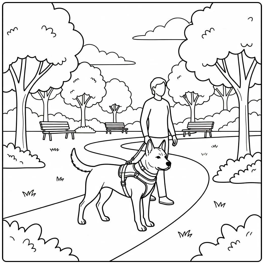 Focused service dog coloring page leading handler in park
