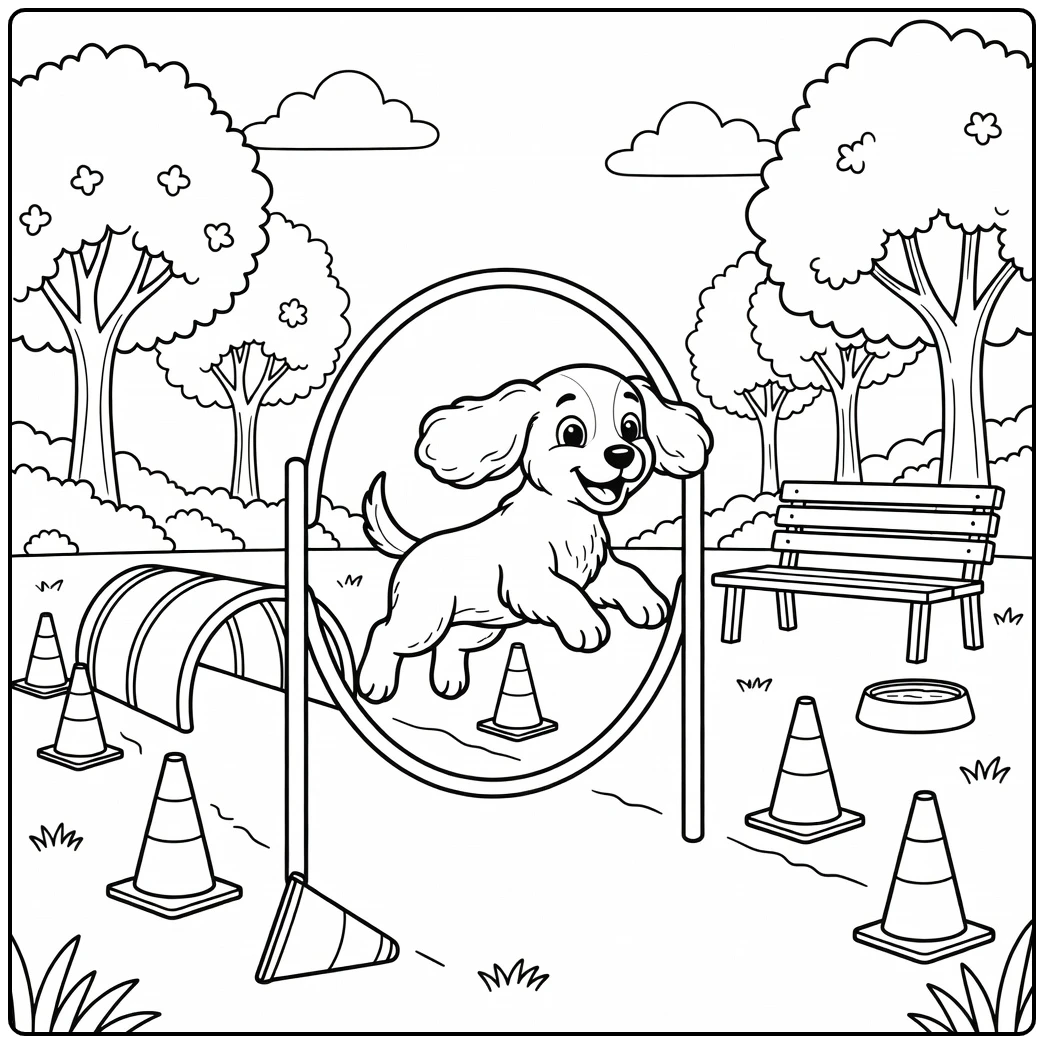 A cute puppy on an agility course cocker spaniel coloring page.
