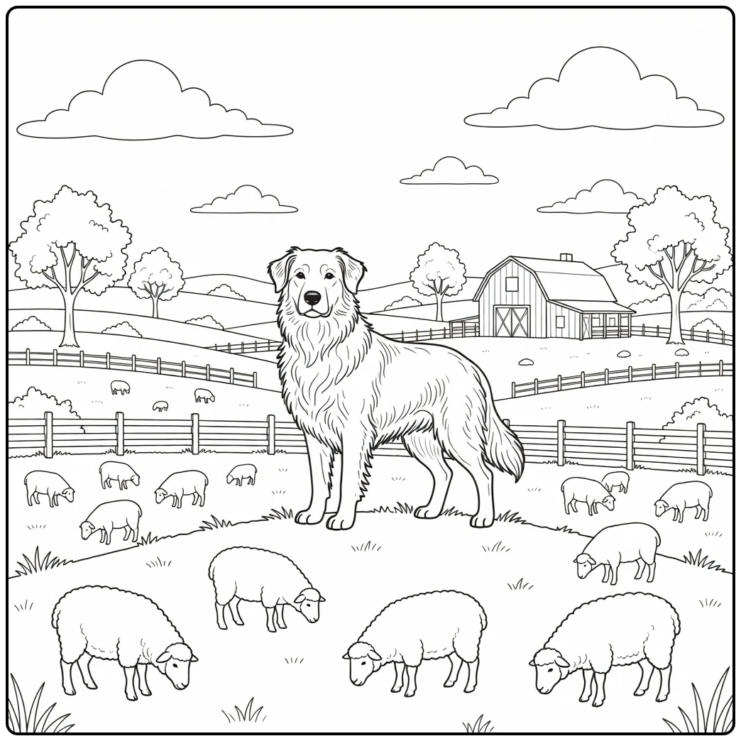 Vigilant sheepdog coloring page guarding flock at sunrise