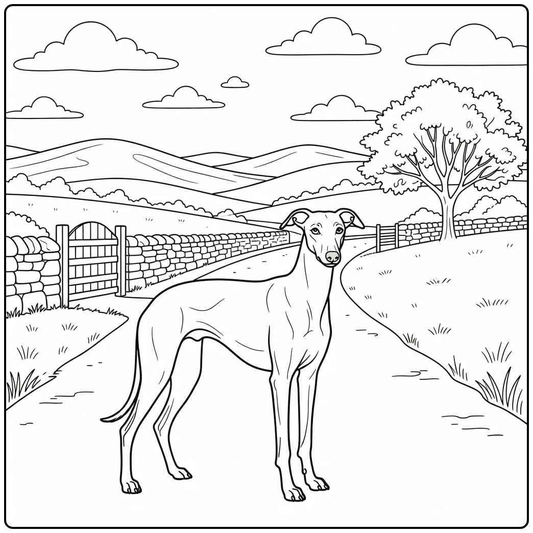 Relaxed greyhound coloring page on a tranquil countryside lane.