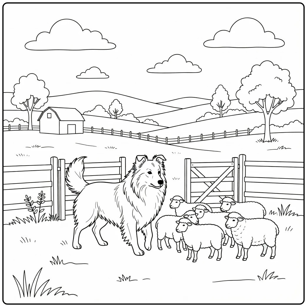 Alert shetland sheepdog coloring page guiding sheep in a sunny pasture
