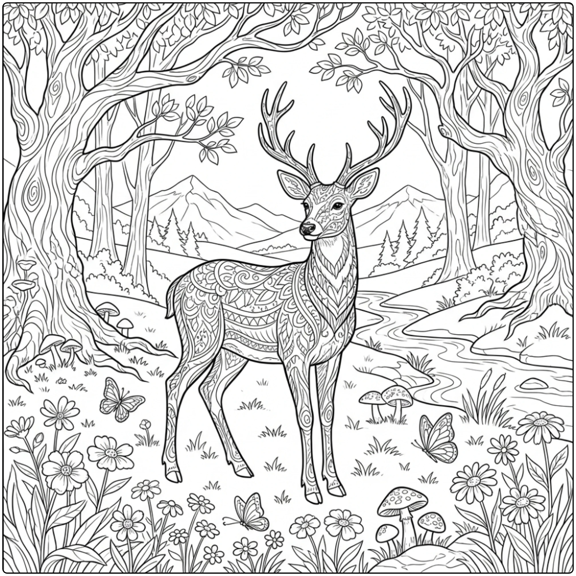 Forest deer standing in flowers animal coloring page